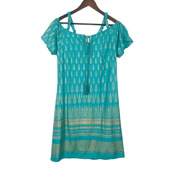 Lapogee Dresses & Skirts - NWT Lapogee Bohemian Dress SZ Large Teal Gold Indian Off Shoulder Boho Tassel